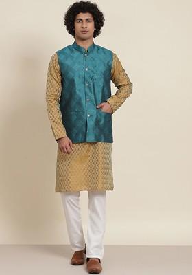 Mustard Ethnic Motifs Poly Blend Kurta Set For Men