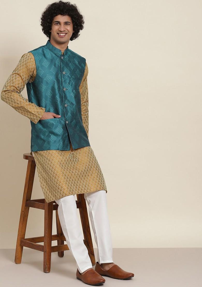 Mustard Ethnic Motifs Poly Blend Kurta Set For Men