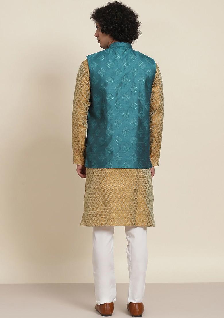 Mustard Ethnic Motifs Poly Blend Kurta Set For Men