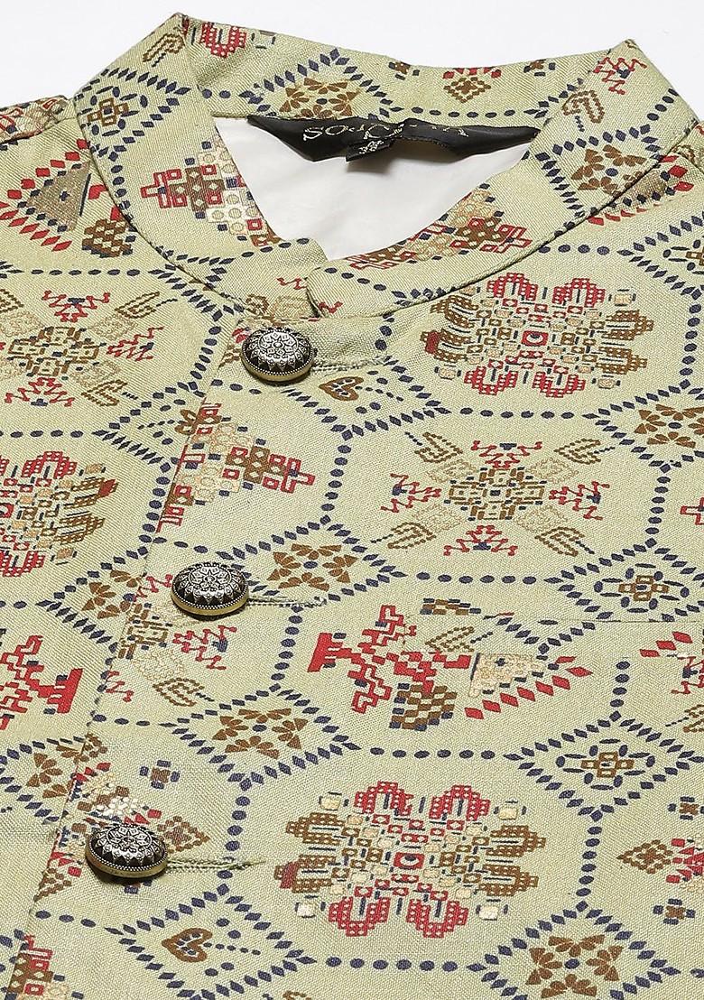 Green Ethnic Motifs Poly Blend Kurta Set For Men