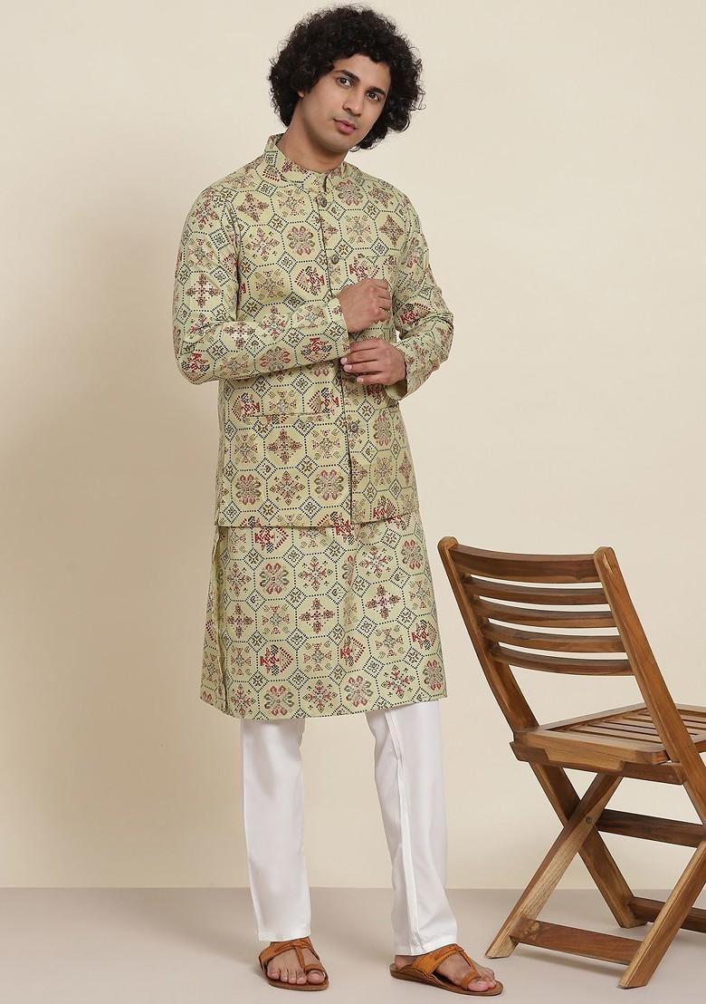 Green Ethnic Motifs Poly Blend Kurta Set For Men