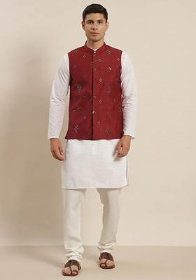 White Embroidered Cotton Kurta Set For Men