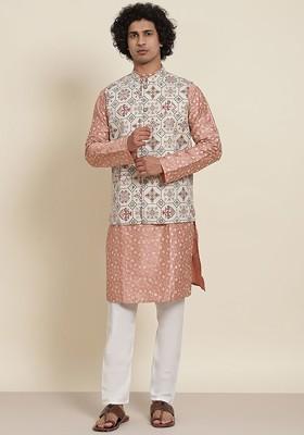 Coral Pink Floral Print Poly Blend Kurta Set For Men