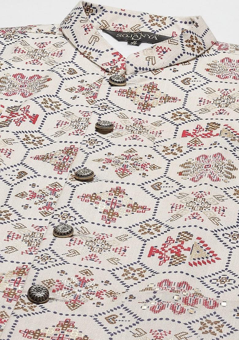 Coral Pink Floral Print Poly Blend Kurta Set For Men