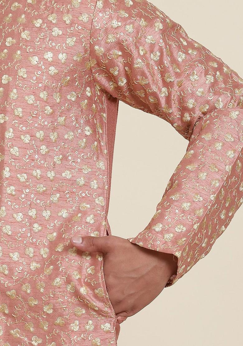 Coral Pink Floral Print Poly Blend Kurta Set For Men