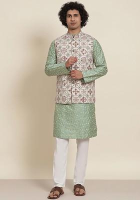 Green Floral Print Poly Blend Kurta Set For Men
