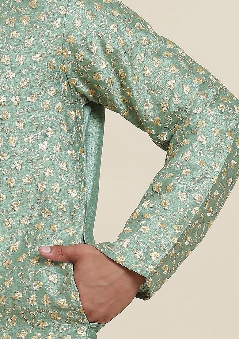 Green Floral Print Poly Blend Kurta Set For Men