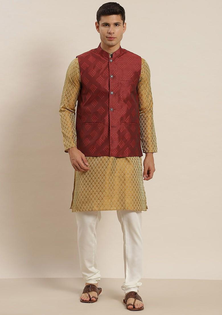 Mustard Ethnic Motifs Poly Blend Kurta Set For Men