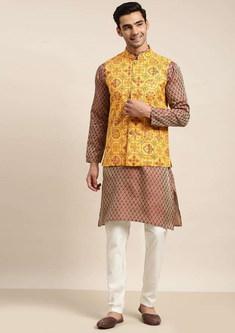 Maroon Ethnic Motifs Poly Blend Kurta Set For Men - Indya