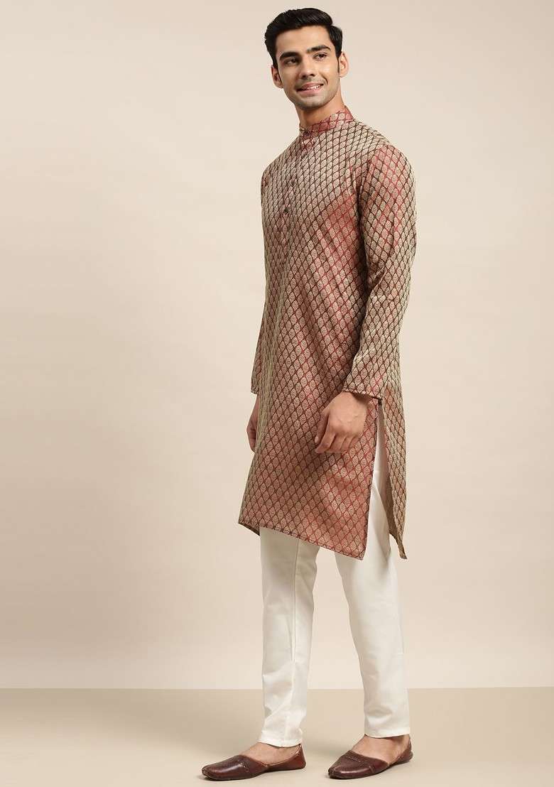 Maroon Ethnic Motifs Poly Blend Kurta Set For Men - Indya