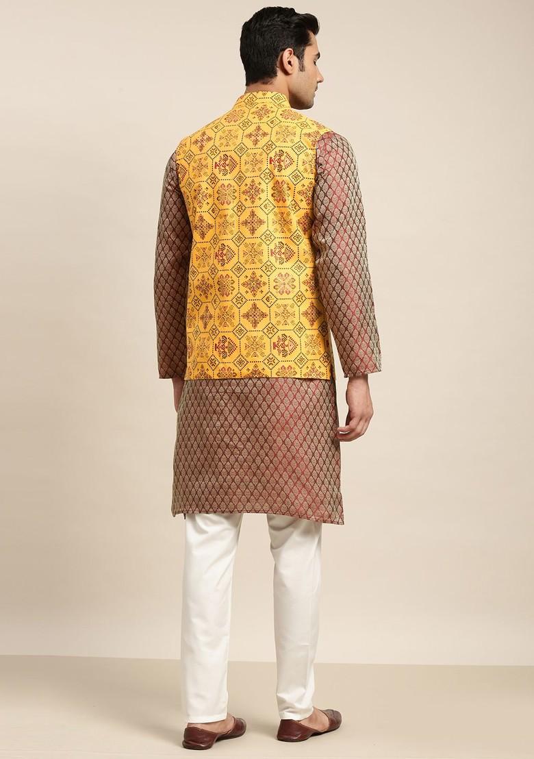 Maroon Ethnic Motifs Poly Blend Kurta Set For Men