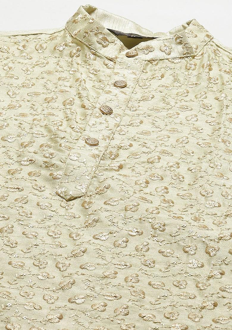 Green Floral Print Poly Blend Kurta Set For Men