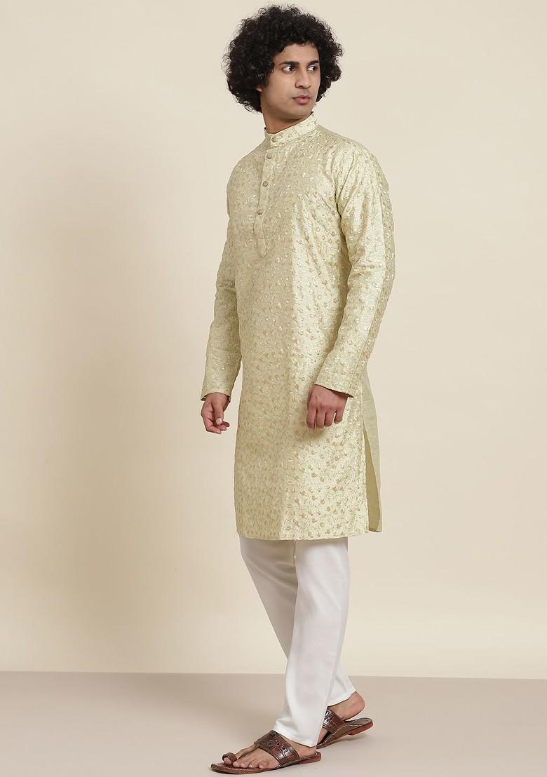 Green Floral Print Poly Blend Kurta Set For Men