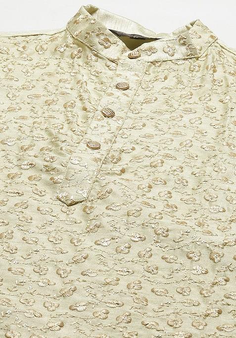 Green Floral Print Poly Blend Kurta Set For Men