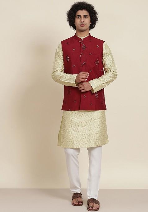 Green Floral Print Poly Blend Kurta Set For Men