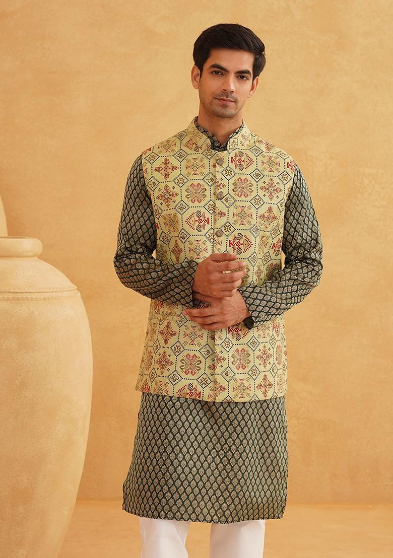 Green Ethnic Motifs Poly Blend Kurta Set For Men