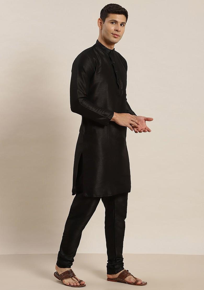 Black Solid Poly Blend Kurta Set For Men