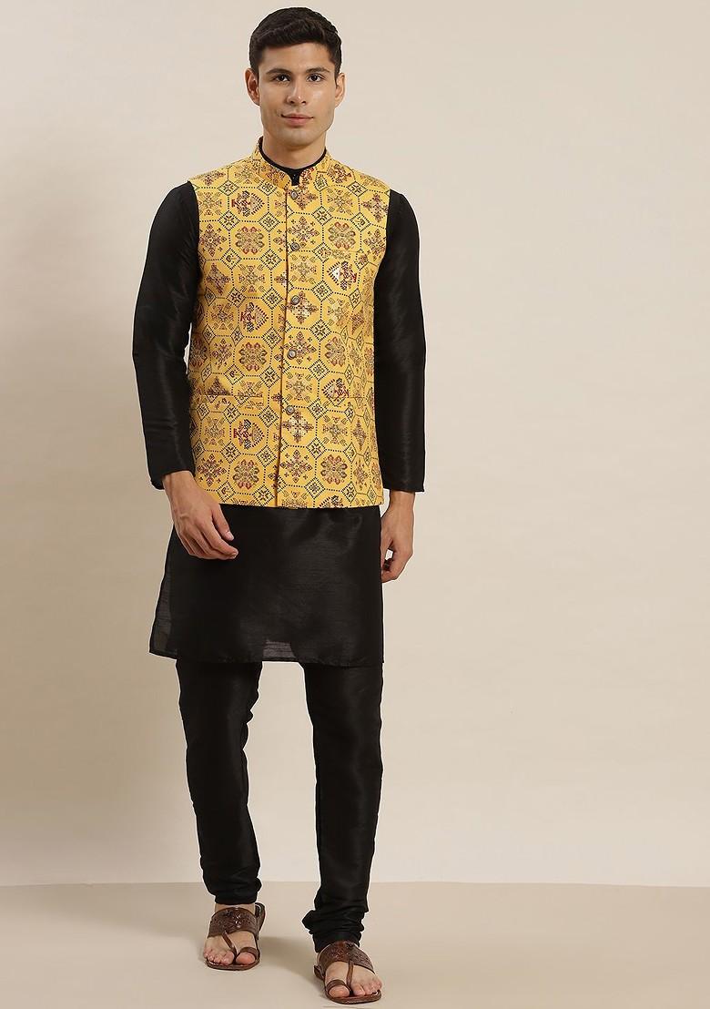 Black Solid Poly Blend Kurta Set For Men