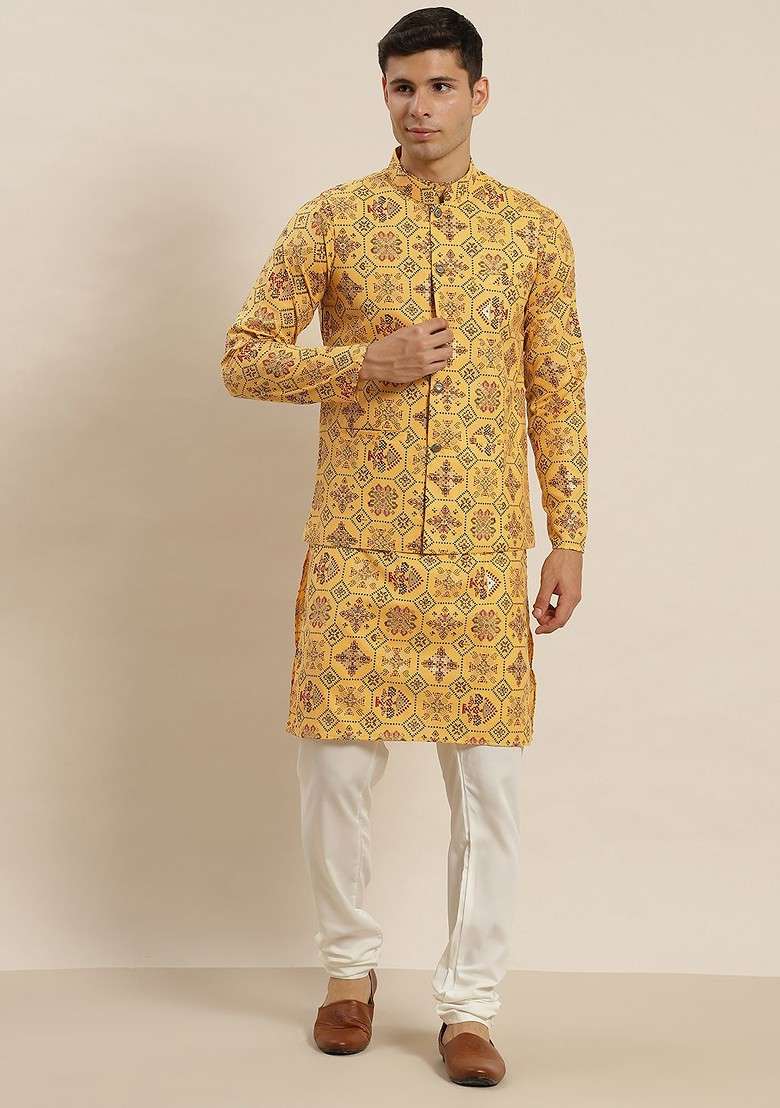 Yellow Ethnic Motifs Poly Blend Kurta Set For Men - Indya