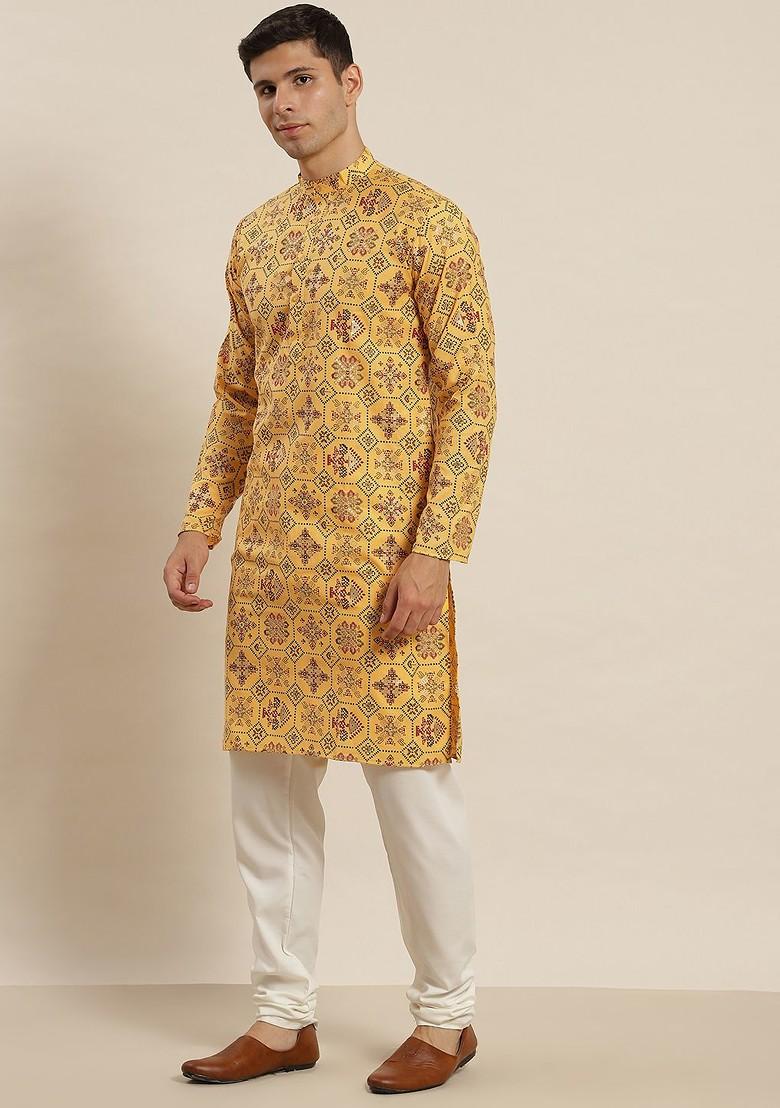 Yellow Ethnic Motifs Poly Blend Kurta Set For Men