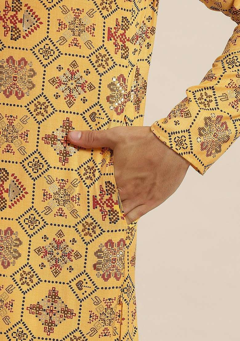 Yellow Ethnic Motifs Poly Blend Kurta Set For Men - Indya