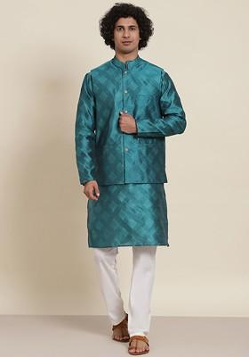Teal Blue Solid Poly Blend Kurta Set For Men