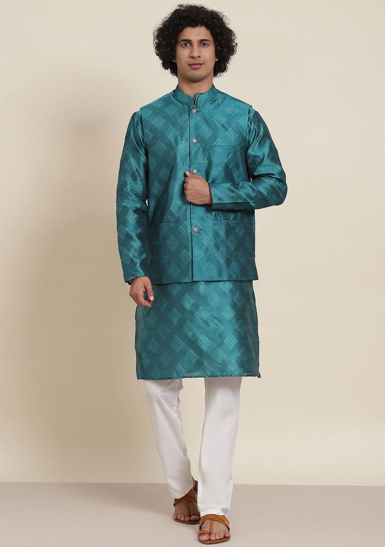 Teal Blue Solid Poly Blend Kurta Set For Men