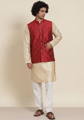 Gold Floral Print Poly Blend Kurta Set For Men