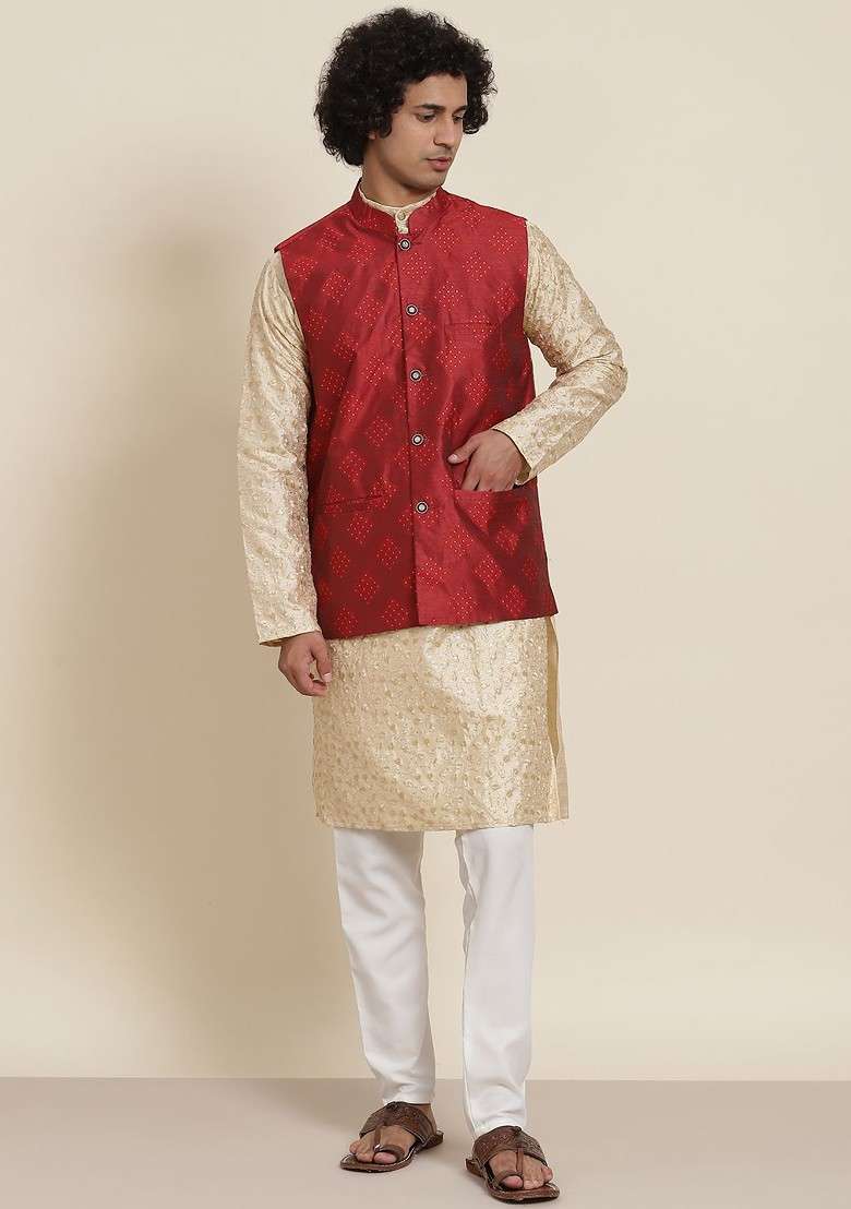 Gold Floral Print Poly Blend Kurta Set For Men - Indya