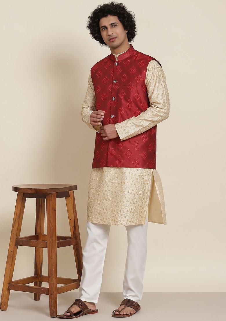 Gold Floral Print Poly Blend Kurta Set For Men