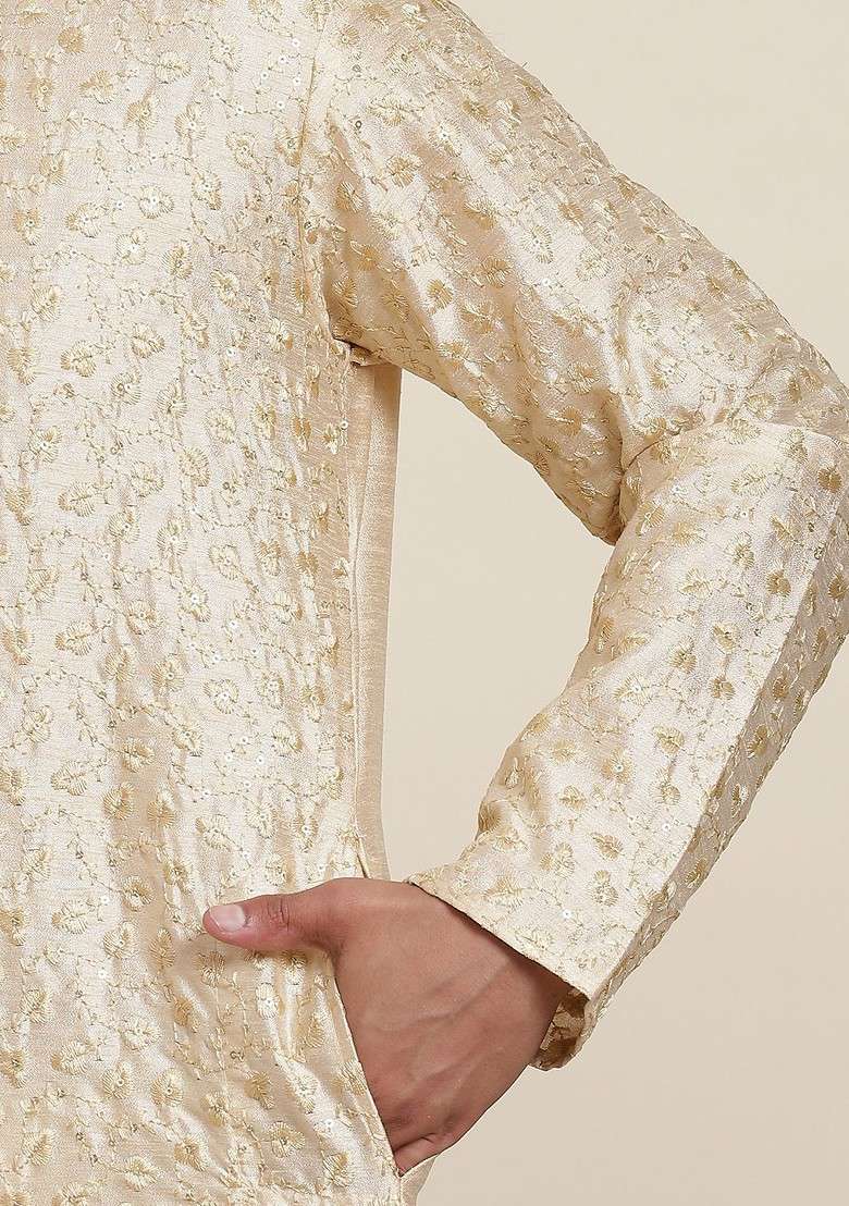Gold Floral Print Poly Blend Kurta Set For Men - Indya