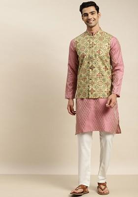 Pink Ethnic Motifs Poly Blend Kurta Set For Men