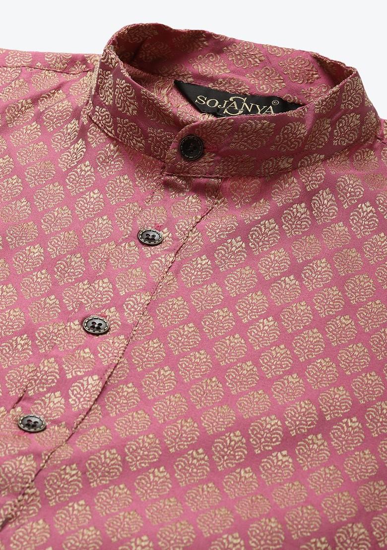 Pink Ethnic Motifs Poly Blend Kurta Set For Men
