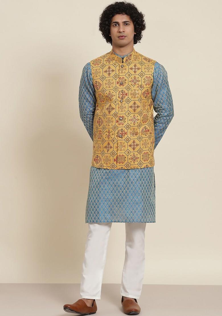 Blue Ethnic Motifs Poly Blend Kurta Set For Men