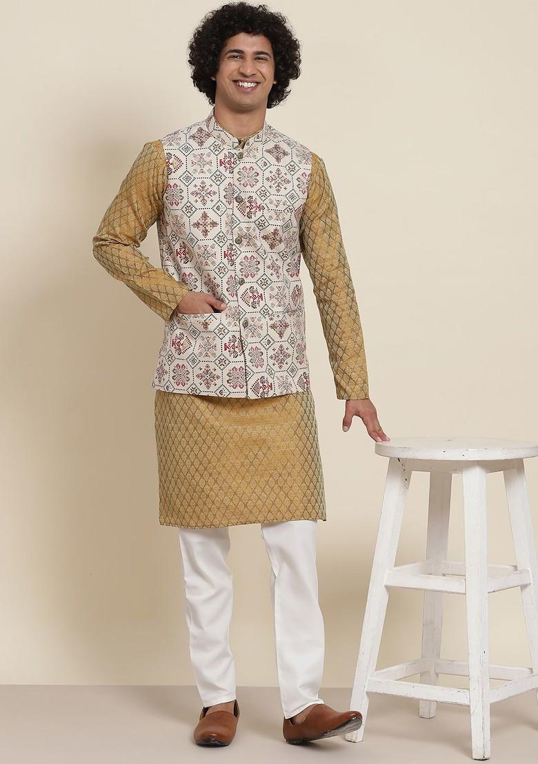 Mustard Ethnic Motifs Poly Blend Kurta Set For Men