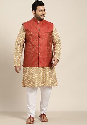 Beige Embroidered Poly Blend Kurta Set For Men