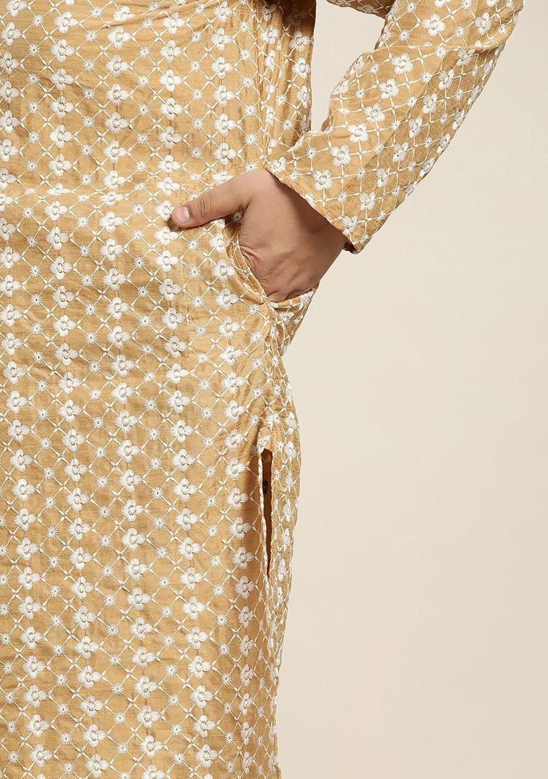 Beige Embroidered Poly Blend Kurta Set For Men