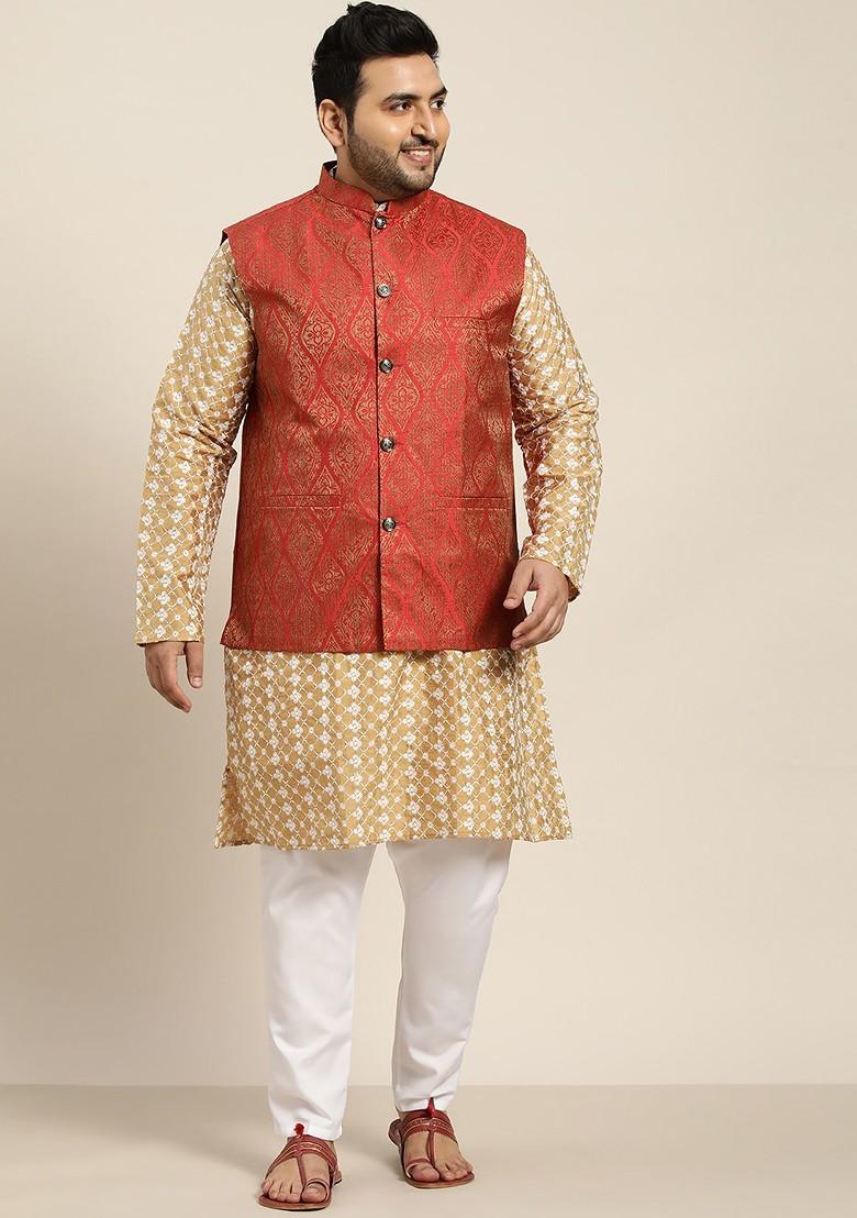 Beige Embroidered Poly Blend Kurta Set For Men