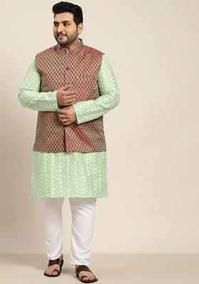 Sea Green Embroidered Poly Blend Kurta Set For Men