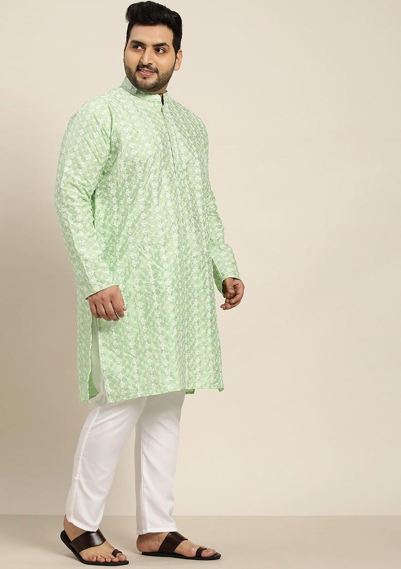 Sea Green Embroidered Poly Blend Kurta Set For Men