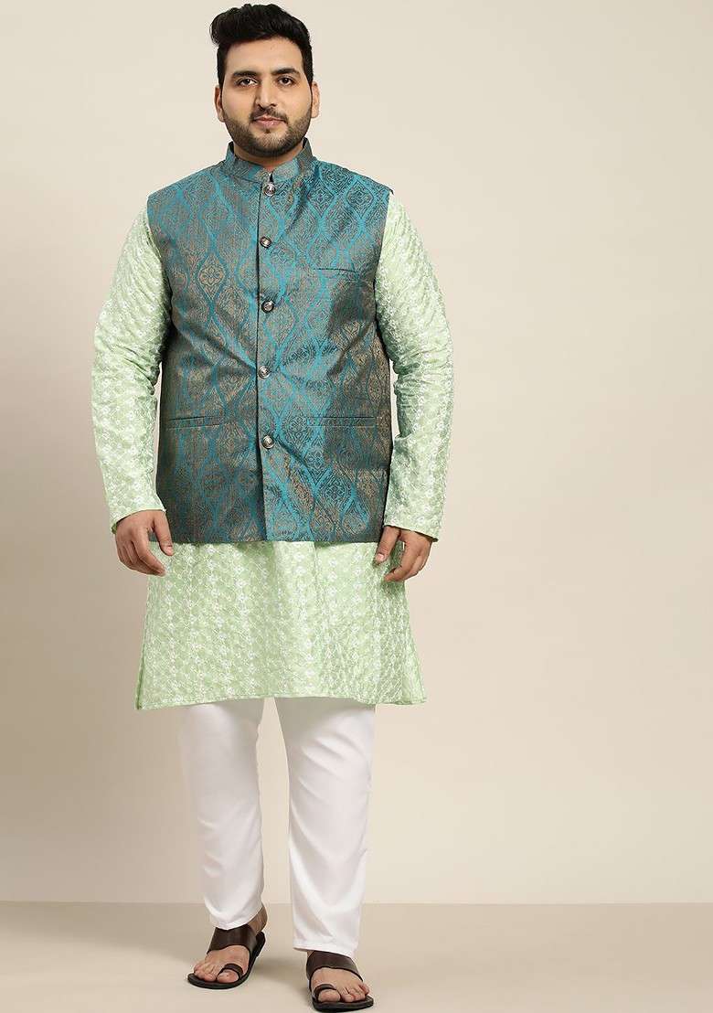 Sea Green Embroidered Poly Blend Kurta Set For Men - Indya
