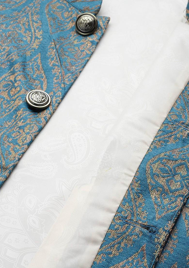 Sea Green Embroidered Poly Blend Kurta Set For Men