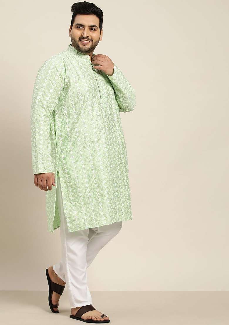 Sea Green Embroidered Poly Blend Kurta Set For Men - Indya
