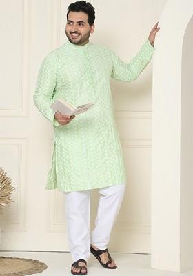 Sea Green Embroidered Poly Blend Kurta Set For Men