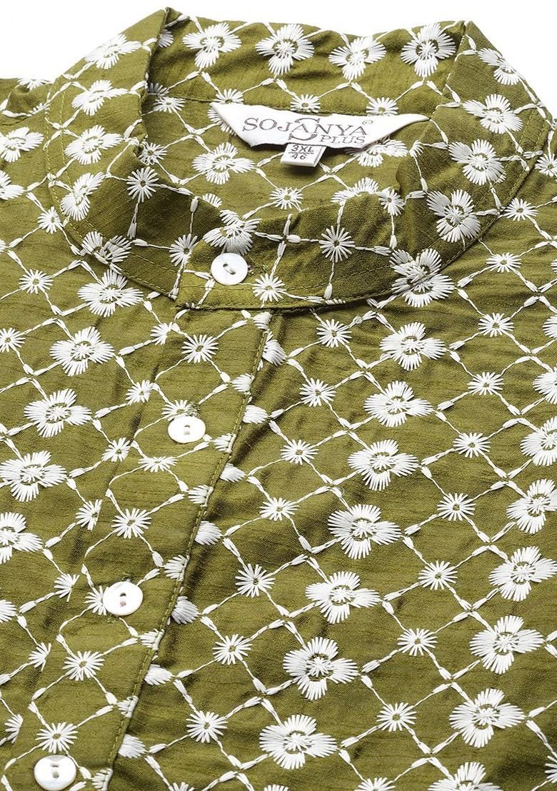 Green Embroidered Poly Blend Kurta Set For Men