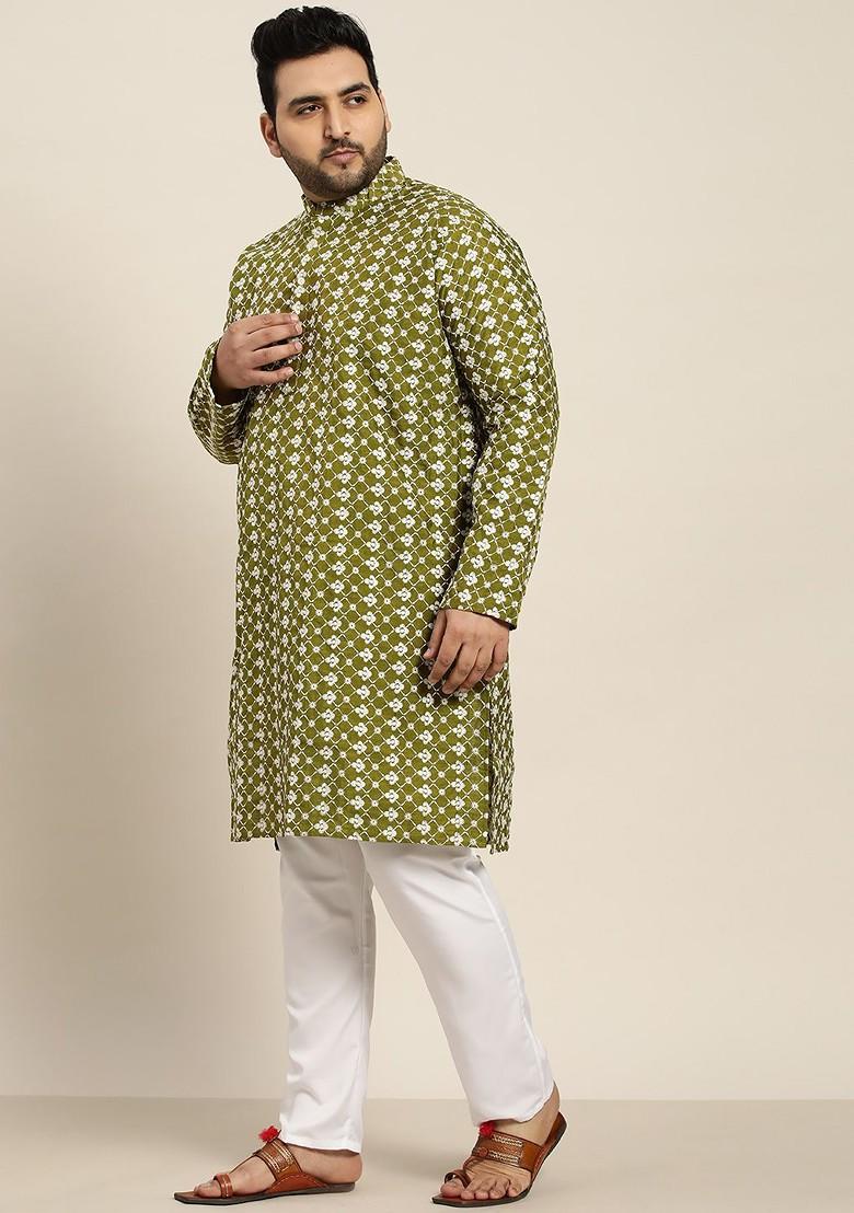 Green Embroidered Poly Blend Kurta Set For Men