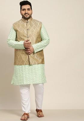Sea Green Embroidered Poly Blend Kurta Set For Men