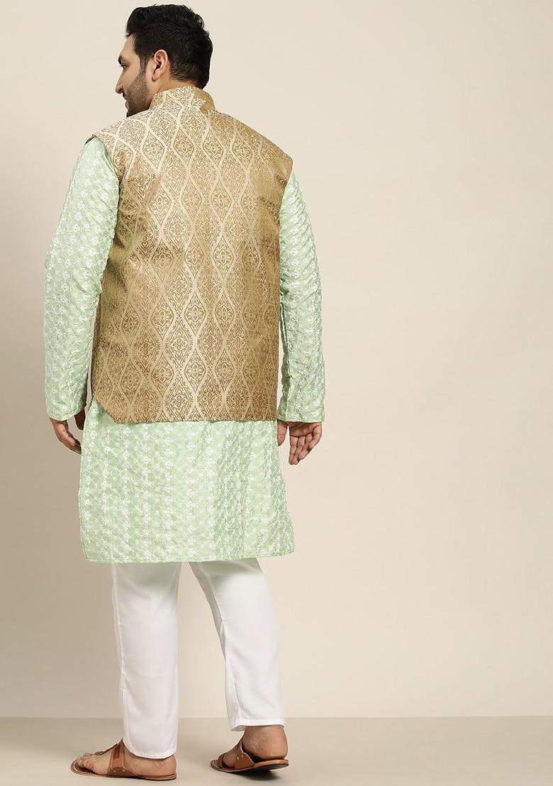 Sea Green Embroidered Poly Blend Kurta Set For Men