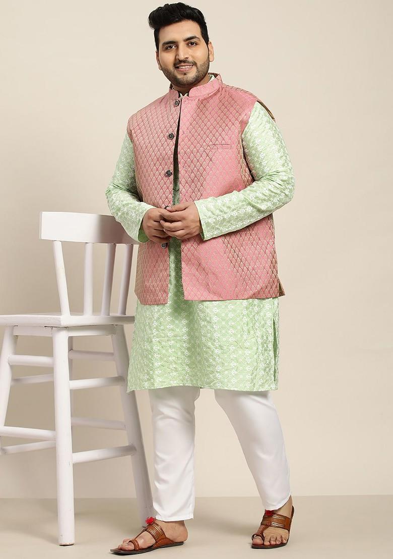 Sea Green Embroidered Poly Blend Kurta Set For Men