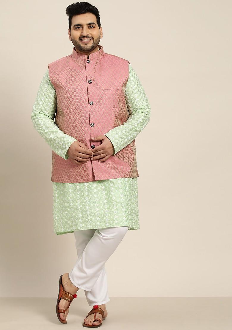 Sea Green Embroidered Poly Blend Kurta Set For Men